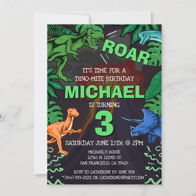 Invitation Dinosaur Anniversaire de enfant Dino Trex Volcano (Devant)