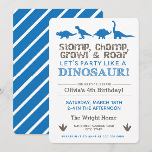 Invitation Dinosaur Anniversaire de la fête Blue Stomp Chomp 