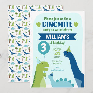 Invitation Dinosaur Anniversaire Dino Party Bleu et Vert