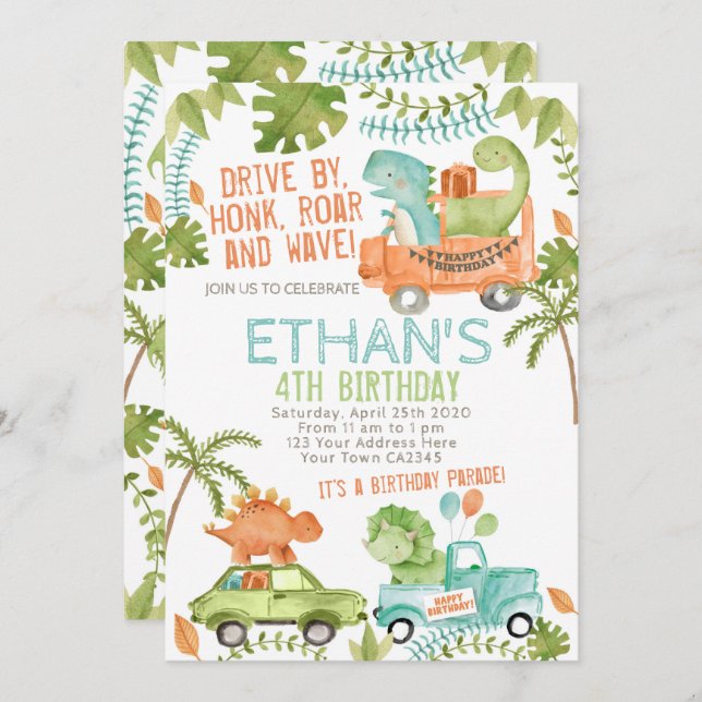 Invitation Dinosaur Anniversaire Parade (Devant / Derrière)