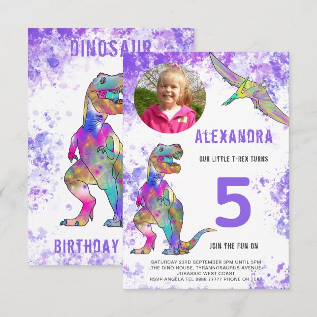 Invitation Dinosaur Anniversaire Photo violet (Devant / Derrière)