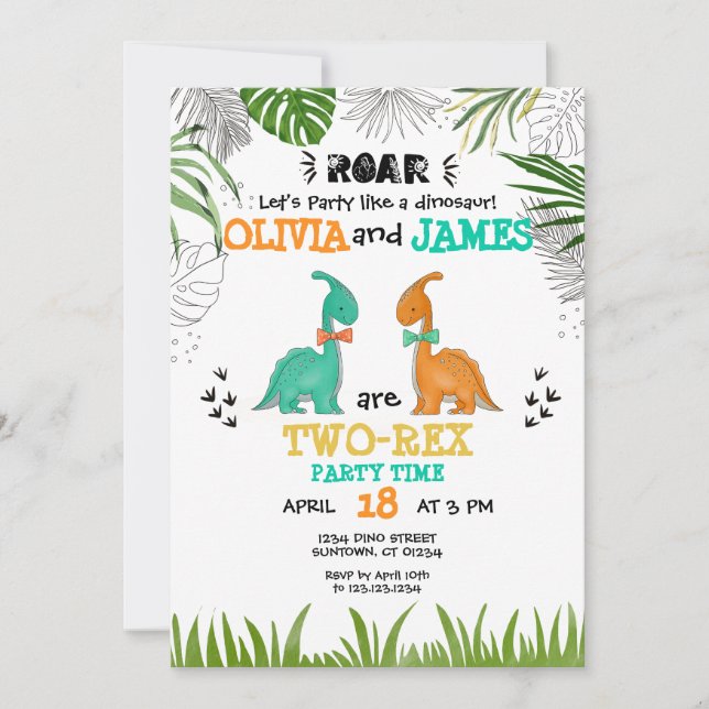 Invitation Dinosaur Anniversaire TOUT AGE Jumeaux Jumeaux  (Devant)