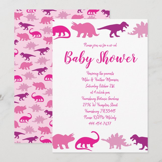 Invitation Dinosaur Baby shower Dino Rose Girl (Devant / Derrière)