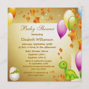 Invitation Dinosaur & Balloons Elégant Baby shower Or