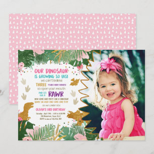 Invitation Dinosaur Birthday Girl Gold Rose Leave Dino Invita