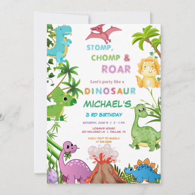 Invitation Dinosaur Birthday Party  (Devant)