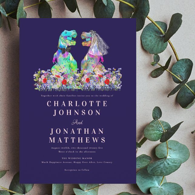 Invitation Dinosaur Boho Wildflower Navy Blue Blush Pink (Colorful Dinosaur bride & Groom T-Rex boho wildflower navy blue blush pink wedding invitation )
