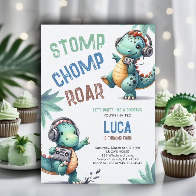 Invitation Dinosaur Break Dance Stomp Chomp Roar Boy Annivers (dinosaur boy birthday party dino stomp chomp roar funny watercolor music dance prehistoric wild)