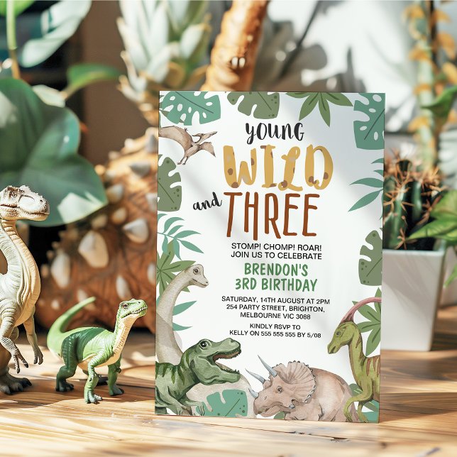 Invitation Dinosaur Brown Green Young Wild Three 3rd Birthday (Dinosaur Young Wild and Three Birthday Invitation, Dinosaurs 3rd Birthday Invitation, Young Wild 3)