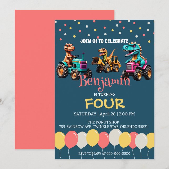 Invitation Dinosaur camion camion ballon école Anniversaire (Devant / Derrière)
