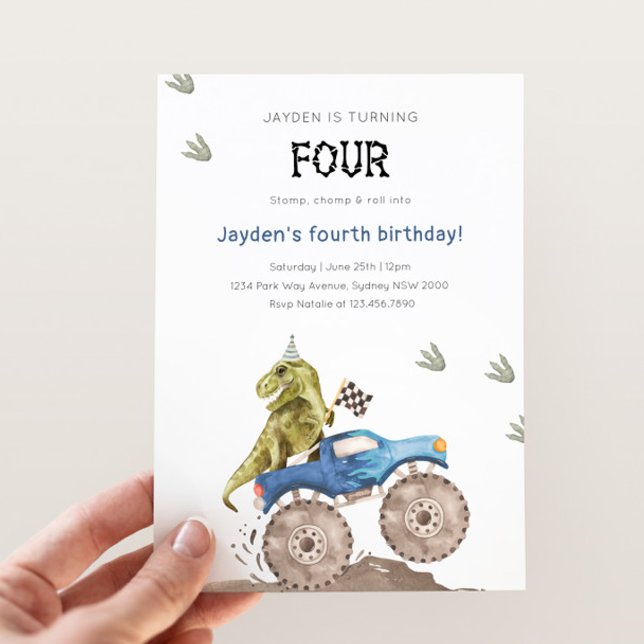 Invitation Dinosaur & Camion Monster 4e fête d'anniversaire (Créateur téléchargé)