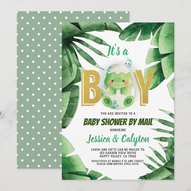 Invitation Dinosaur C'est un Baby shower de garçon par la pos (Devant / Derrière)