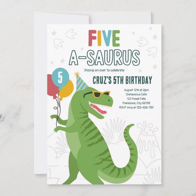 Invitation Dinosaur Cinq A-Saurus 5e fête d'anniversaire T-Re (Devant)