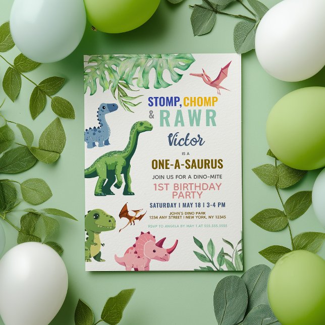 Invitation Dinosaur coloré mignon 1er anniversaire (Créateur téléchargé)
