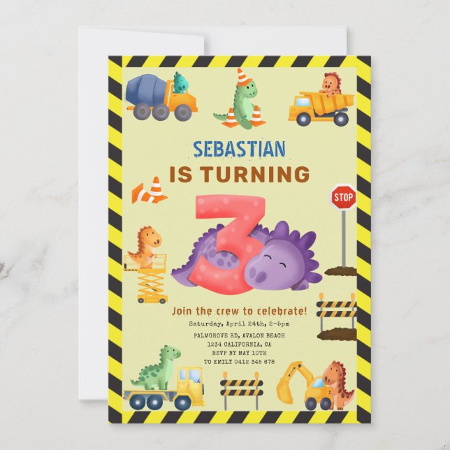 Invitation Dinosaur Construction Dino Crew 3e anniversaire (Devant)