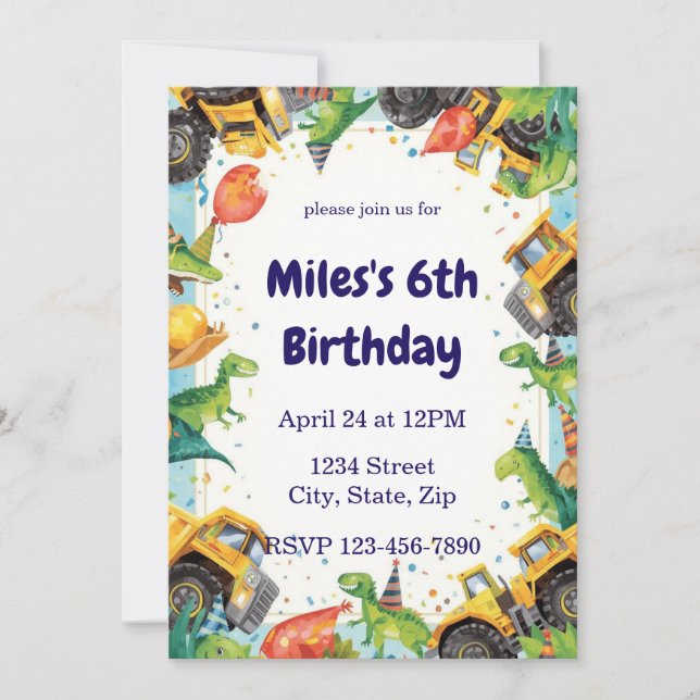 Invitation Dinosaur Construction Truck Birthday Invitatio (Devant)