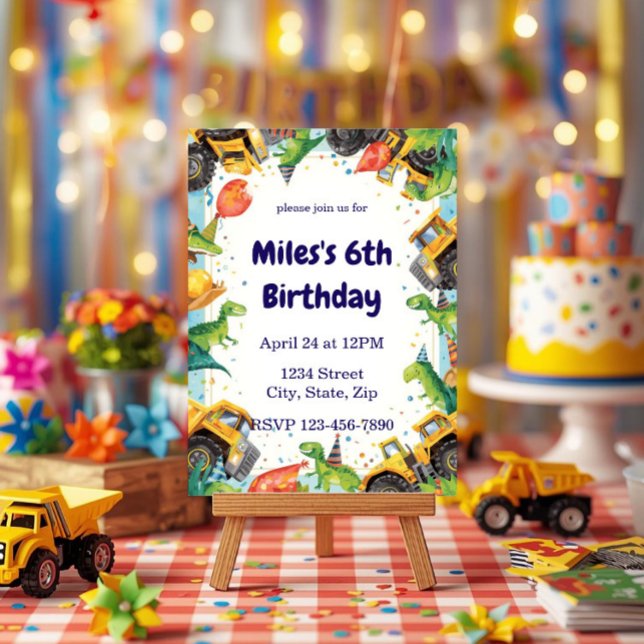 Invitation Dinosaur Construction Truck Birthday Invitatio (Créateur téléchargé)