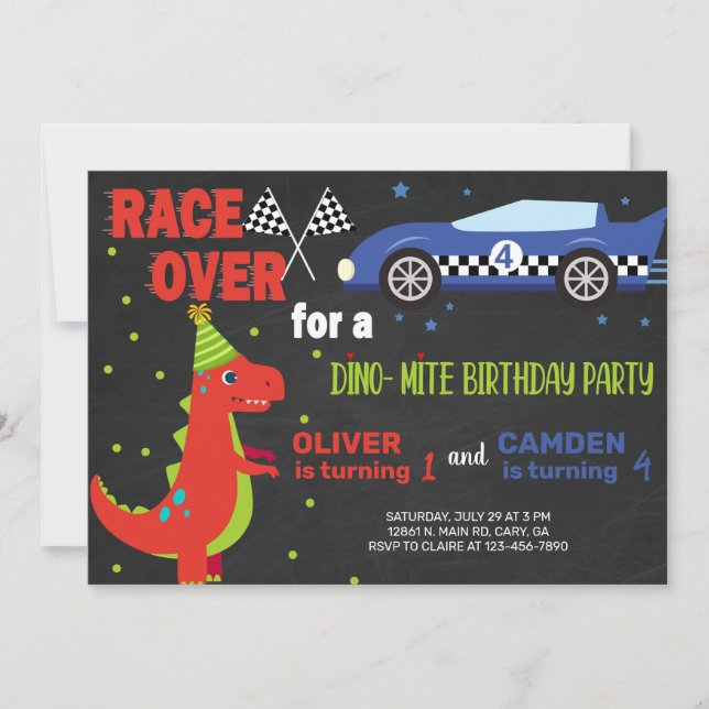 Invitation Dinosaur & course voiture frères et soeurs invitat (Devant)