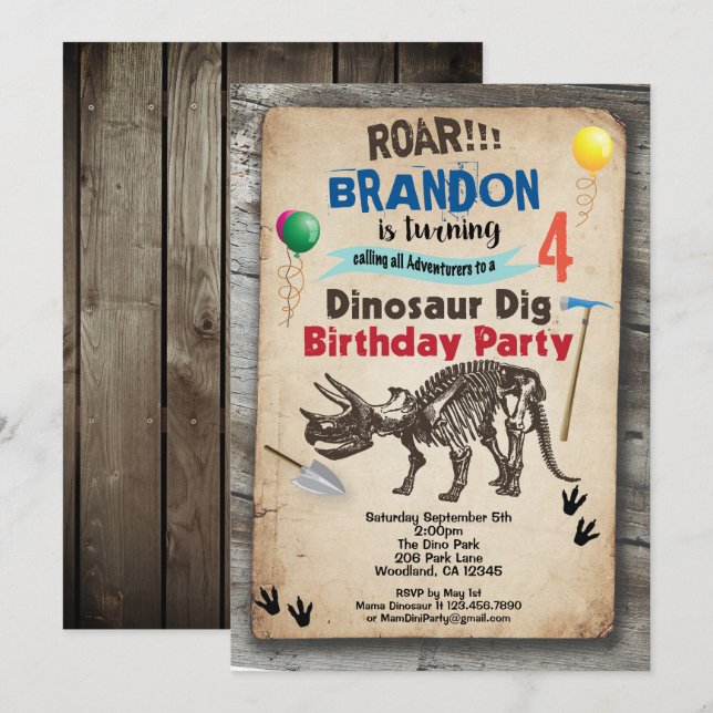 Invitation Dinosaur creuser l'invitation d'anniversaire rusti (Devant / Derrière)