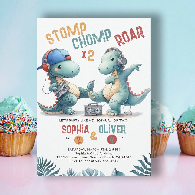 Invitation Dinosaur Dance Party Amusante Jour de l'Anniversai (Dinosaur joint siblings invitation dino stomp chomp roar prehistoric jungle hip dance party dinomite)