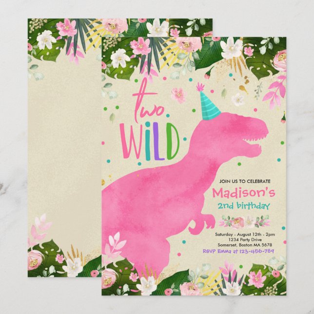 Invitation Dinosaur deux dinosaures sauvages Anniversaire des (Devant / Derrière)