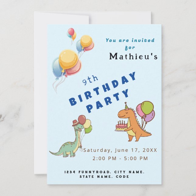 Invitation Dinosaur dino fête anniversaire de enfant bleu drô (Devant)