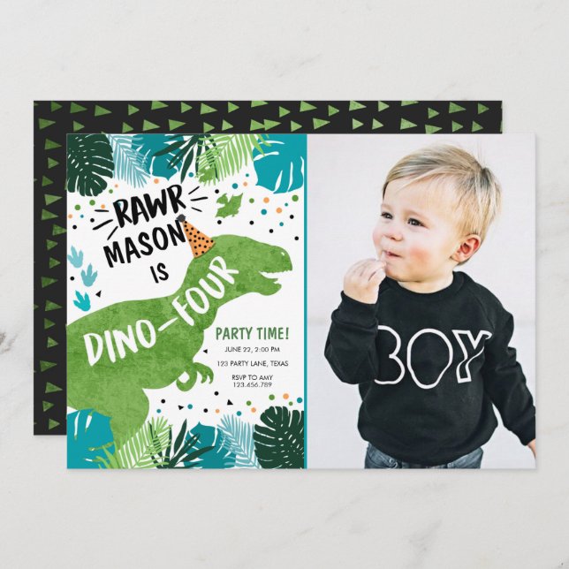 Invitation Dinosaur Dino-Four RAWR 4e anniversaire Invita (Devant / Derrière)