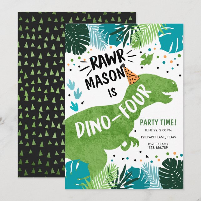 Invitation Dinosaur Dino-Four RAWR 4e anniversaire Invita (Devant / Derrière)