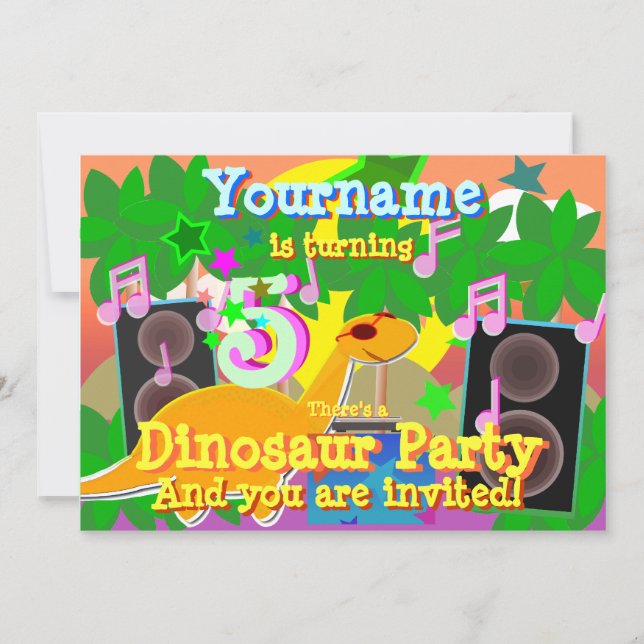 Invitation Dinosaur DJ Party 5e anniversaire Cool (Devant)