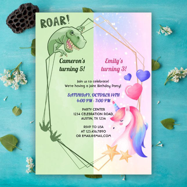 Invitation Dinosaur Et Unicorn Joint Boy Girl Birthday Party (Créateur téléchargé)