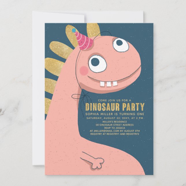 Invitation Dinosaur Faux Gold Pink Fun mignon fille enfants (Devant)