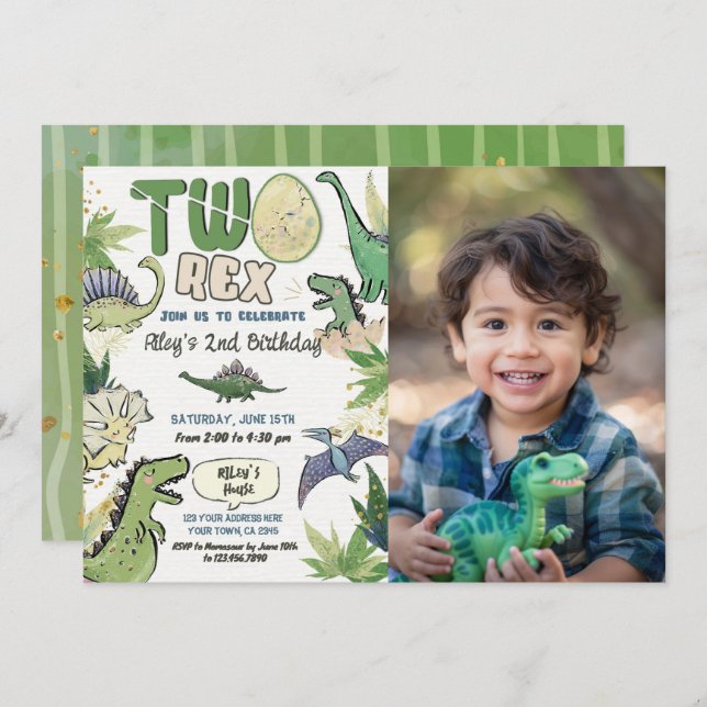 Invitation Dinosaur fête à thème 2e anniversaire (Devant / Derrière)