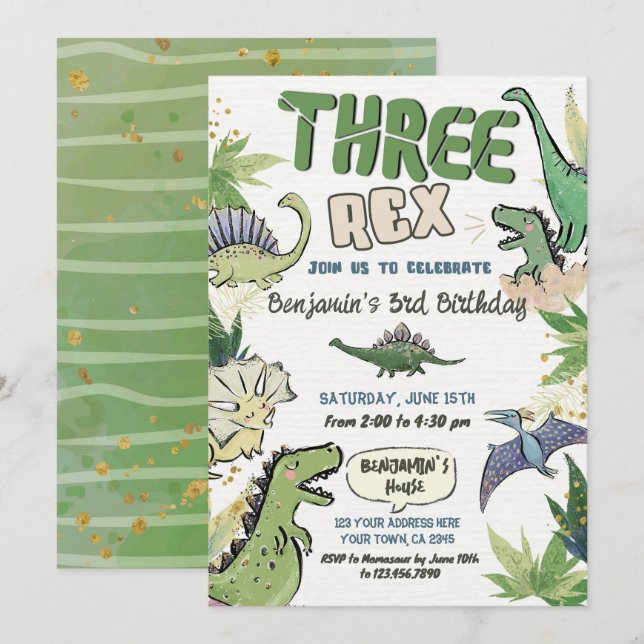 Invitation Dinosaur fête à thème 3e anniversaire, Trois Rex (Devant / Derrière)