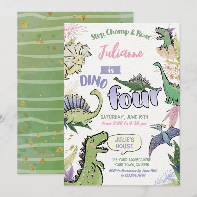 Invitation Dinosaur Fête Thématique Dino Quatre Anniversaire (Devant / Derrière)