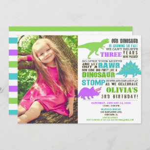 Invitation Dinosaur fille d'anniversaire violette verte turqu