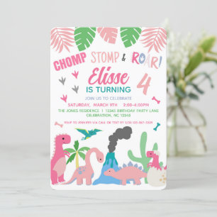 Invitation Dinosaur fille rose Anniversaire