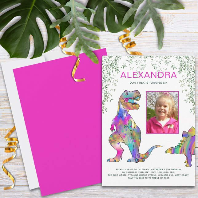 Invitation Dinosaur Filles Anniversaire Photo (Colorful dinosaur girls photo bright pink birthday party invitation T-Rex and stegosaurus )