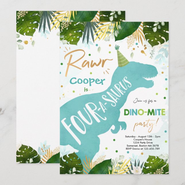 Invitation Dinosaur Four-A-Saurus Party Dino 4e anniversaire (Devant / Derrière)