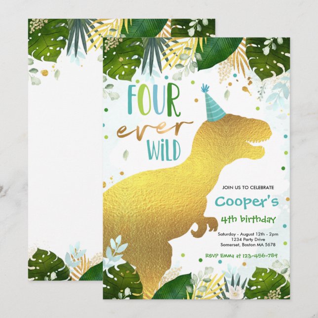 Invitation Dinosaur Four Ever Wild Boy Dinosaur 4e anniversai (Devant / Derrière)