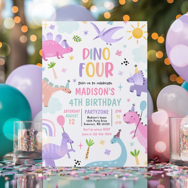 Invitation Dinosaur Four Rose T-Rex 4ème anniversaire (Créateur téléchargé)
