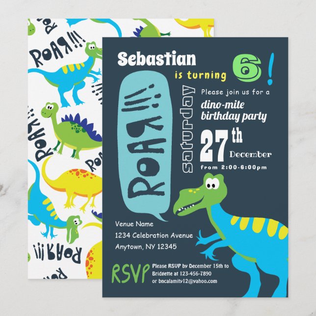 Invitation Dinosaur Fun Birthday Party, Boys Dino Mite (Devant / Derrière)