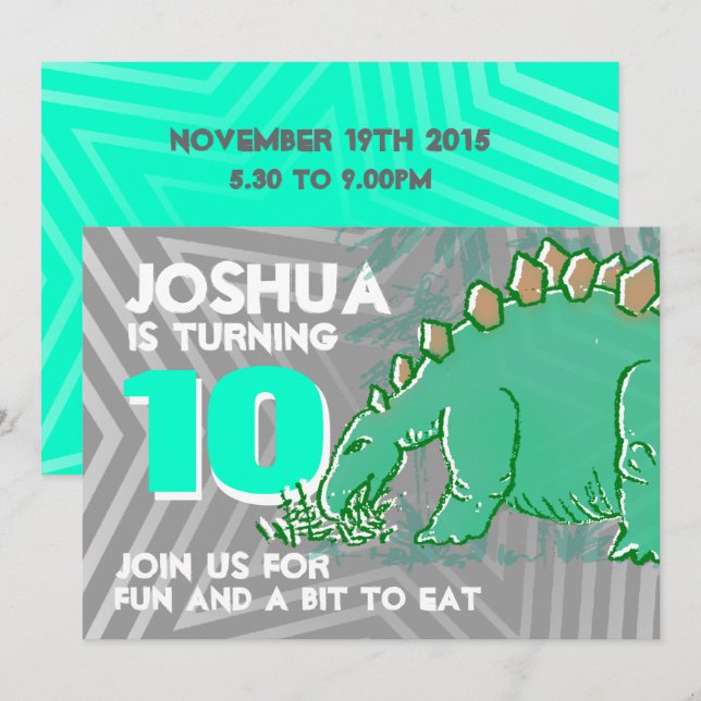 Invitation Dinosaur garçon 10e anniversaire vert gris invitat (Devant / Derrière)