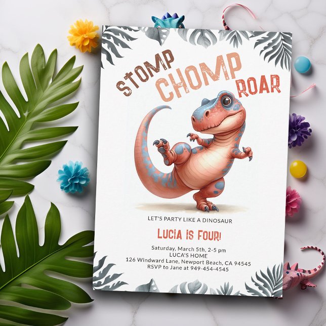 Invitation Dinosaur Moves Cool Stomp Chomp Roar Anniversaire  (Dinosaur kids birthday invitation dino stomp chomp roar pre historic jungle hip dance party cute fun)