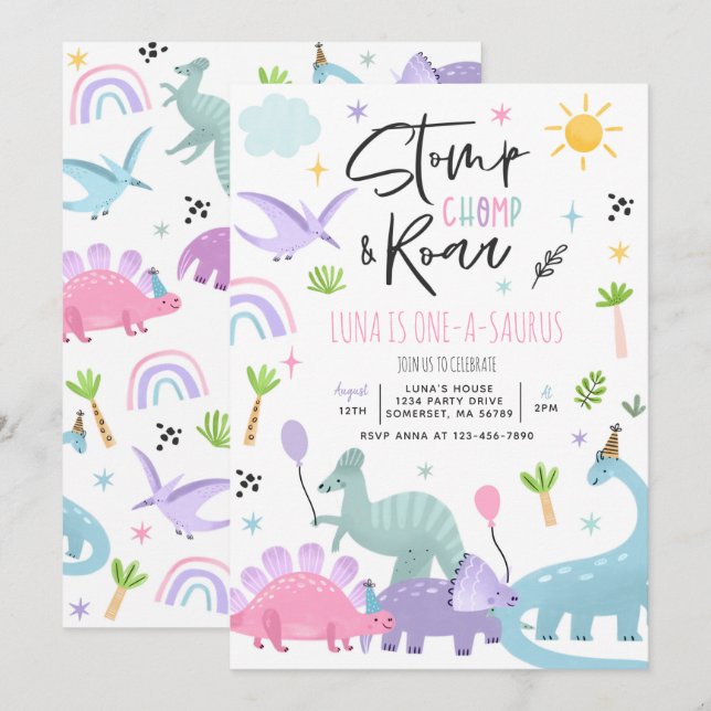 Invitation Dinosaur One-A-Saurs 1er anniversaire de fête Invi (Devant / Derrière)