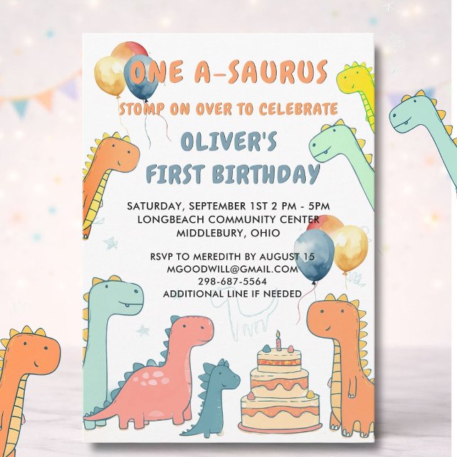Invitation Dinosaur One-A-Saurus Boy 1st Birthday Party   (Créateur téléchargé)