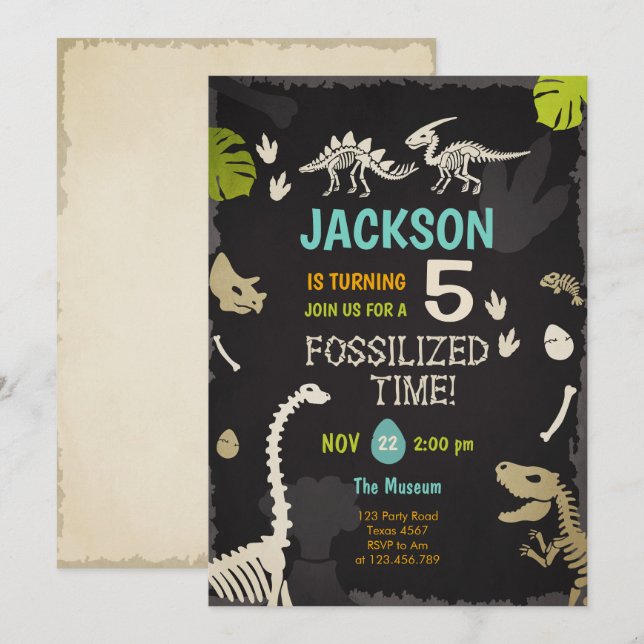 Invitation Dinosaur Party Boy Fossil Dino Dig Anniversaire (Devant / Derrière)