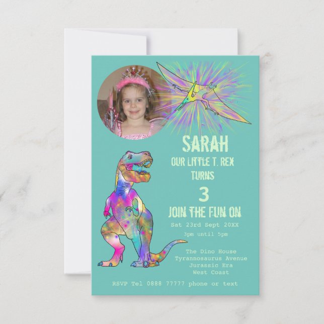Invitation Dinosaur Party Girls 3ème anniversaire photo Turqu (Devant)