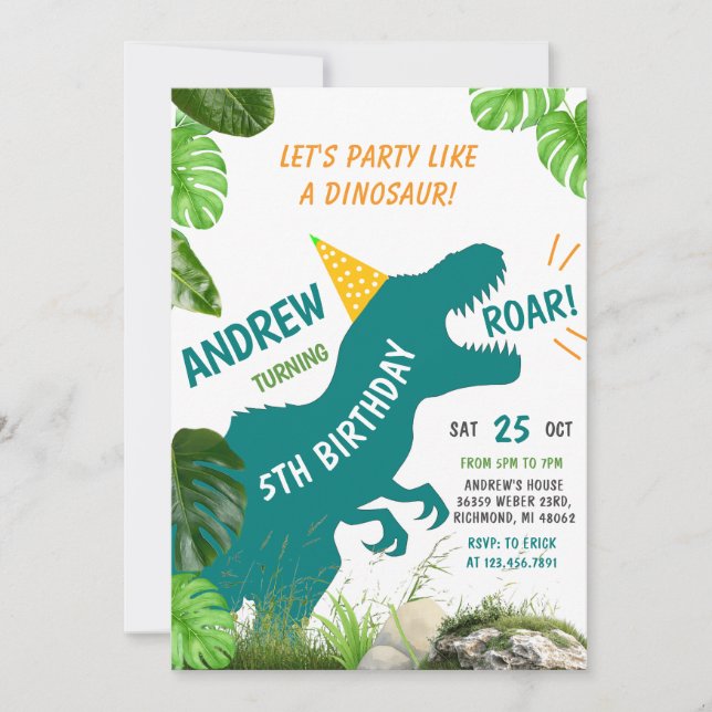 Invitation Dinosaur personnel TRex Anniversaire pour garçon (Devant)