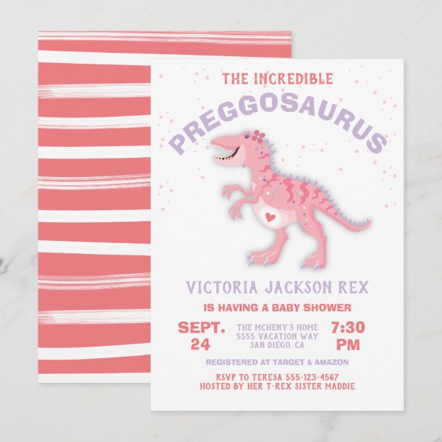 Invitation Dinosaur Preggosaurus Baby shower fille (Devant / Derrière)