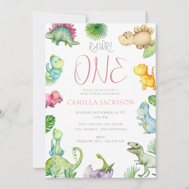 Invitation Dinosaur premier anniversaire bébé fille invitatio (Devant)